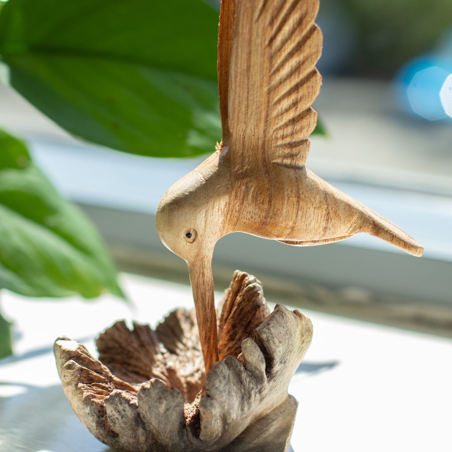 Handmade Parasite Wood Art Carving - Nectar Drinking Hummingbird