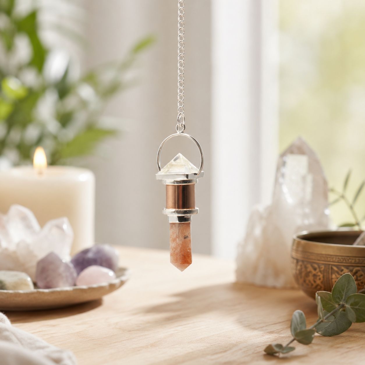The Moon Chamber- Combo Piece Copper Pendulum - Clear Quartz & Sunstone
