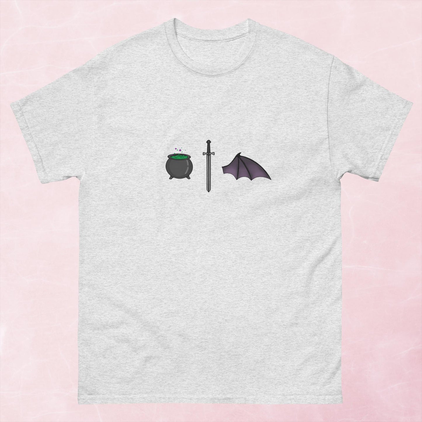 Cool hand illustrated cauldron sword and batwing fantasy book unisex graphic t-shirt