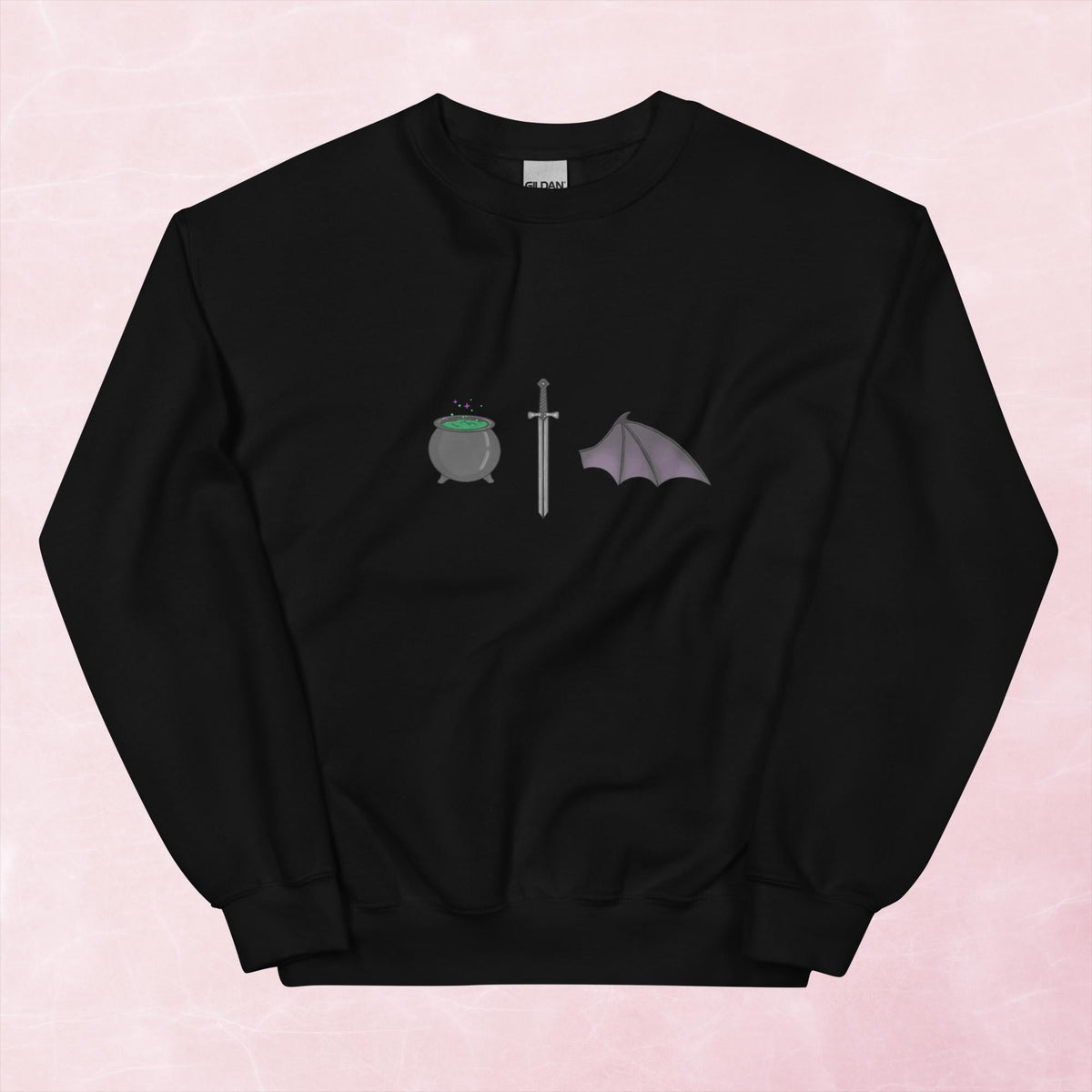 Cool hand illustrated cauldron sword and batwing fantasy book unisex graphic sweatshirt