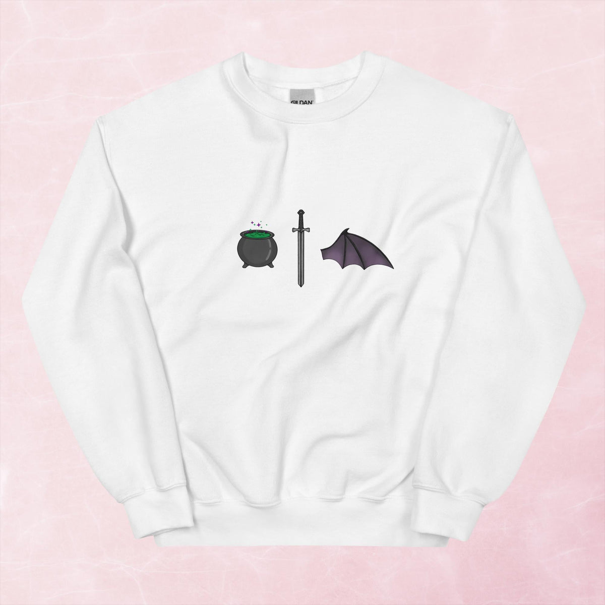 Cool hand illustrated cauldron sword and batwing fantasy book unisex graphic sweatshirt