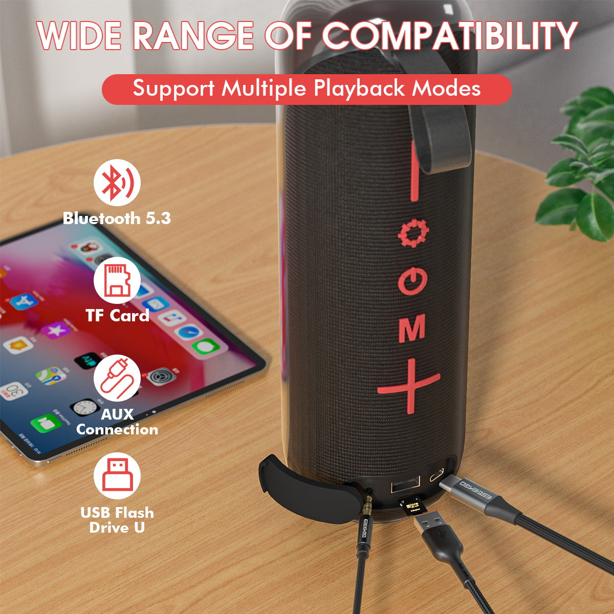 Eseekgo TWS Bluetooth Portable Outdoor Speaker — FM Radio, Torchlight, LED Lights, microSD/USB/Aux Playback