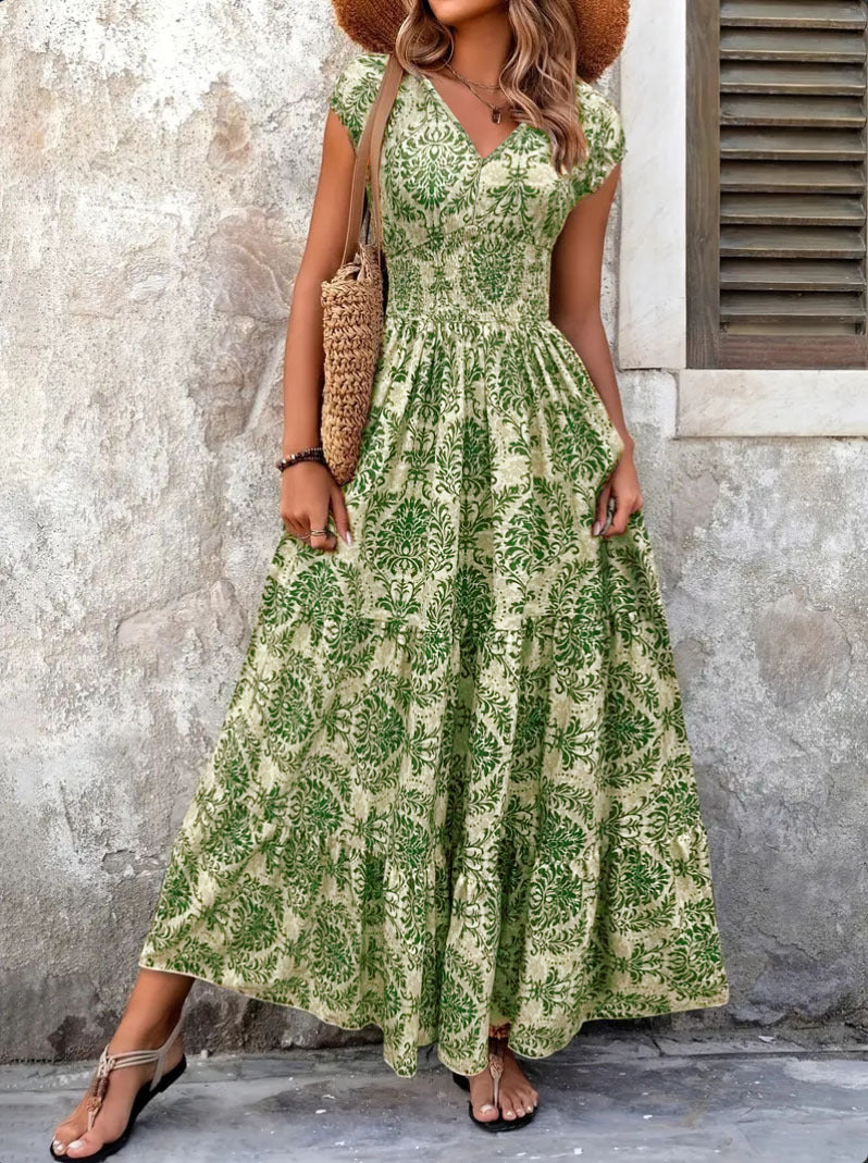 2025 Amazon Cross-Border Export Retro Printed Dress Fashionable and Elegant V Neck Short-Sleeved Dress Women's Dress