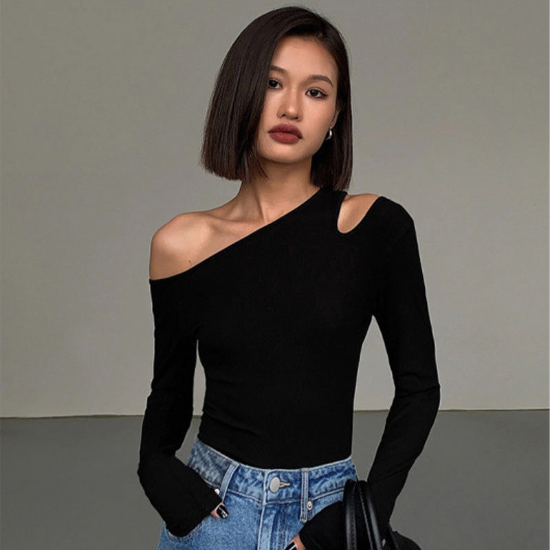 zjh Black Sexy Shoulder Inclined Shoulder Base Shirt Women's Autumn All-match Long-sleeved T-shirt Tight Inner Shoulder Shoulder Shoulder Shoulder Shirt