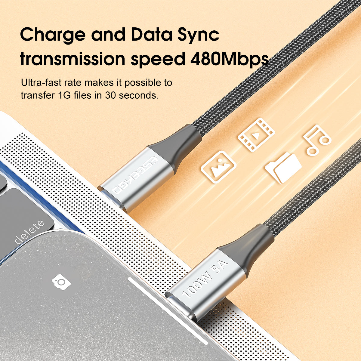Eseekgo 100W USB-C to USB-C E-Marker Cable — 20Gbps Data, 4K@60Hz Video & Fast Charging (Black)