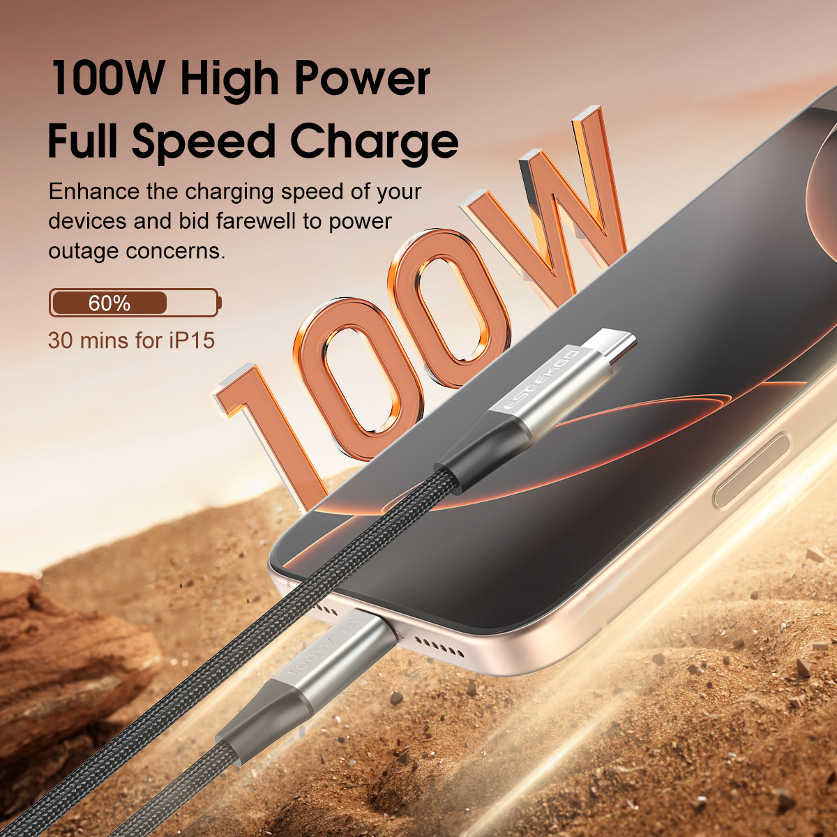 Eseekgo 100W USB-C to USB-C E-Marker Cable — 20Gbps Data, 4K@60Hz Video & Fast Charging (Black)