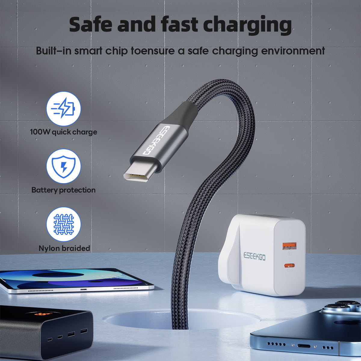 Eseekgo 100W USB-C to USB-C E-Marker Cable — 20Gbps Data, 4K@60Hz Video & Fast Charging (Black)