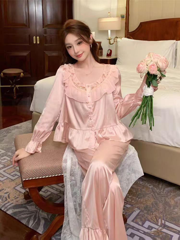 [Candy Heart Sweet Dream] French Ice Silk Pajamas Sweet Princess Style suit Spring and Autumn Home Clothes Can be Wearable