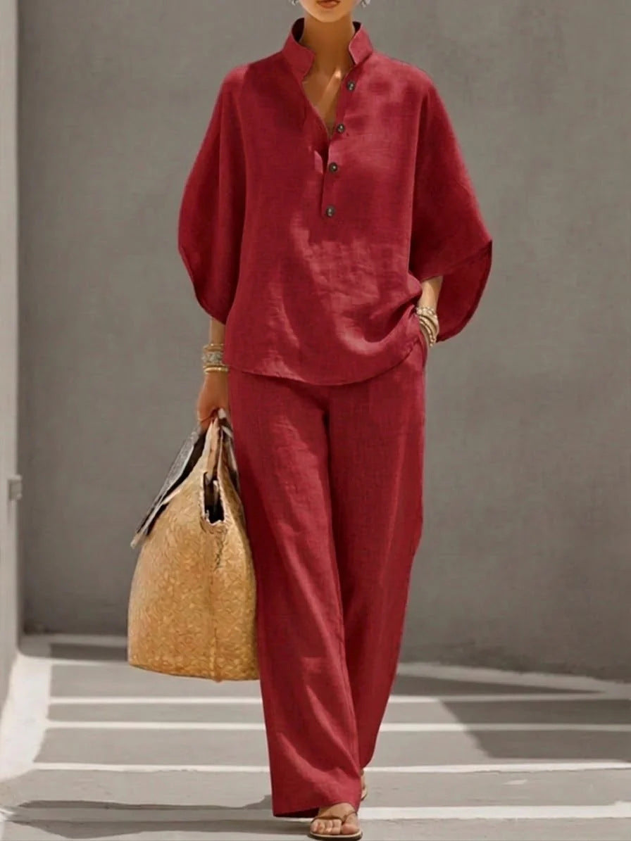 2026 Spring/Summer New Loose Stand Collar Batwing Sleeve Top and Wide Leg Pants Two-Piece Set, Casual Linen Suit