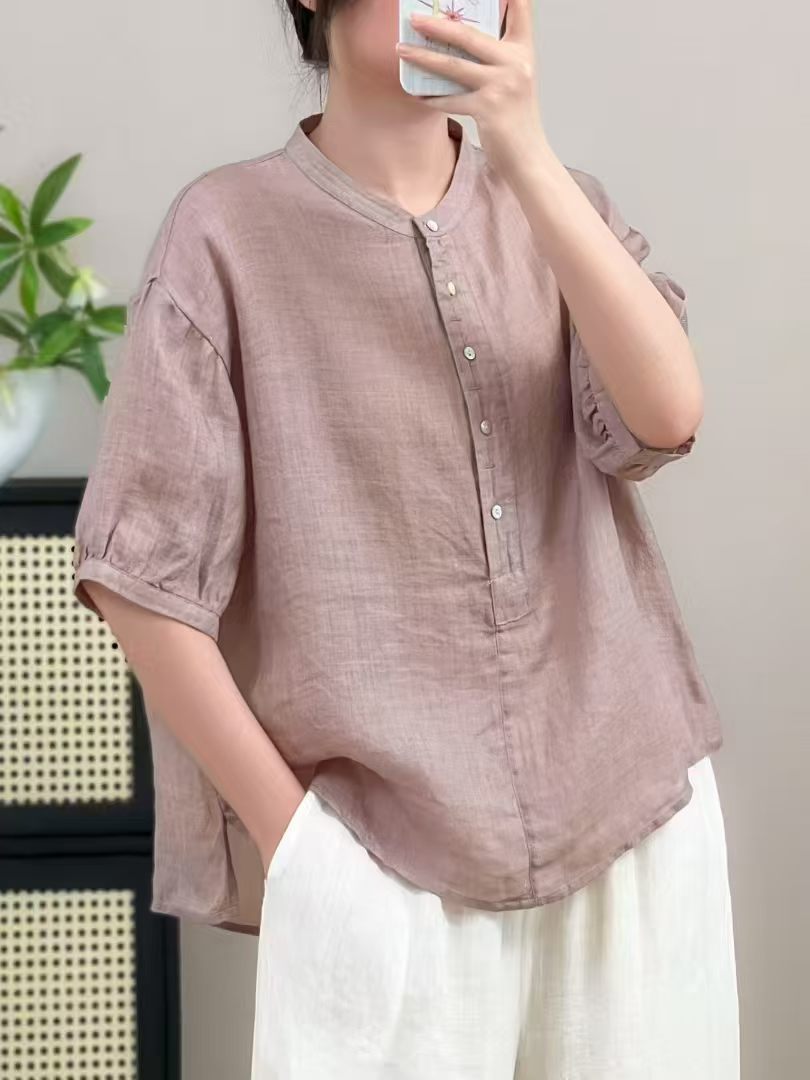 New Summer Ramie Shirt with Half-Button Closure, Artistic Round Neck, Simple Loose Fit Pullover Shirt with Mid-Sleeves