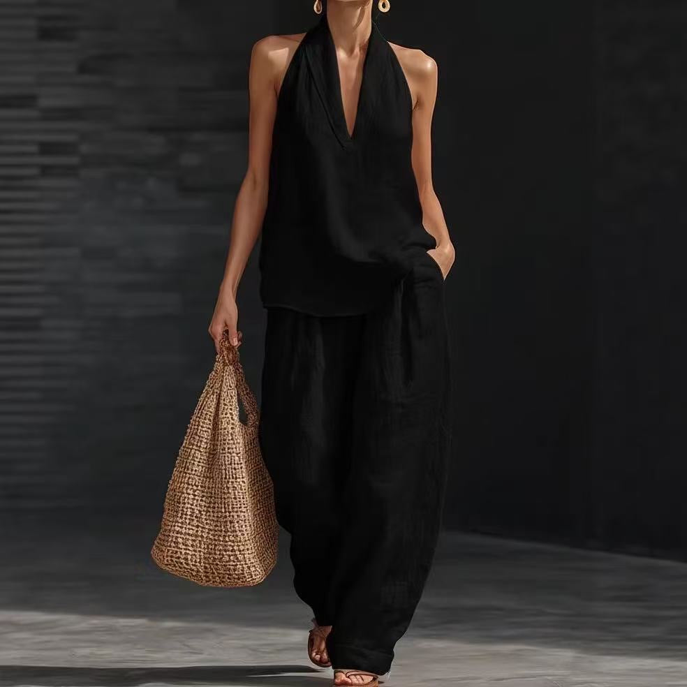 Women's V-neck woven solid colour casual fashion set