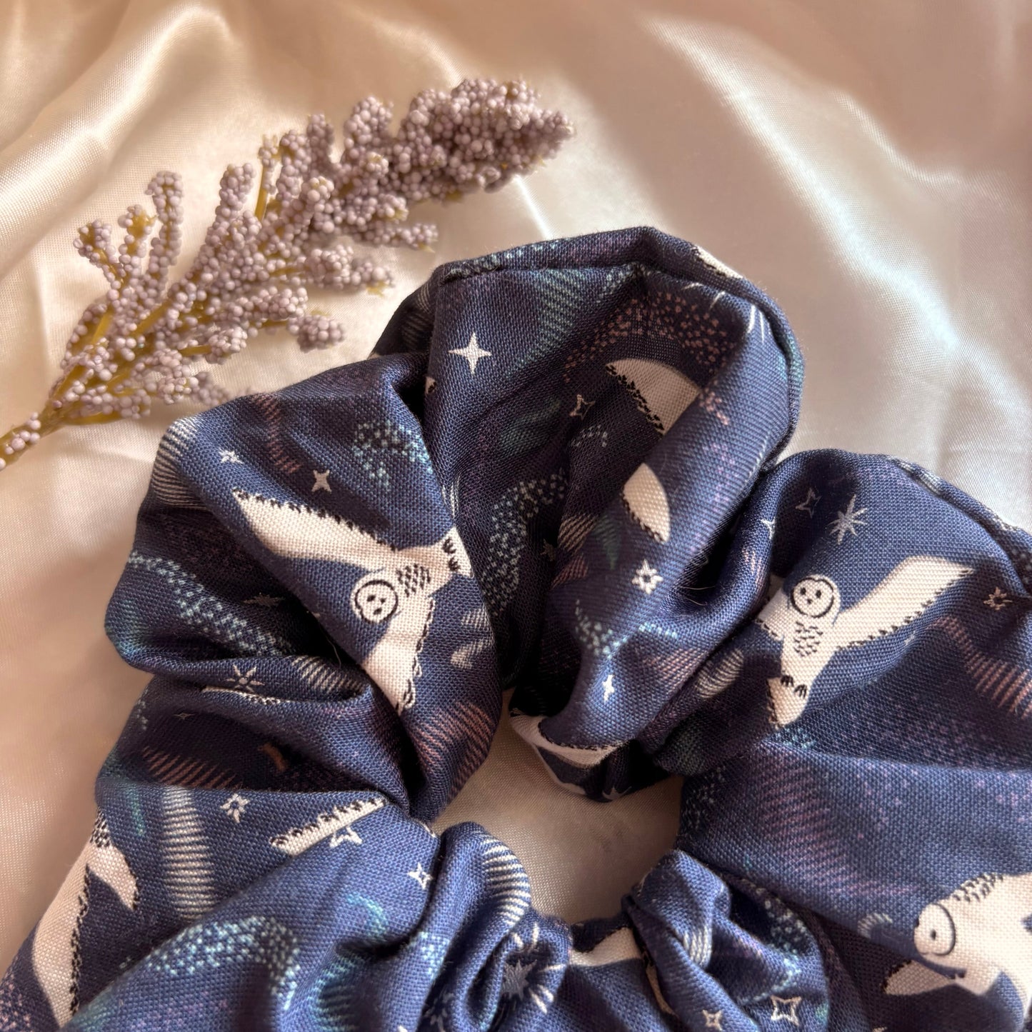 Big handmade blue midnight fantasy owl scrunchie