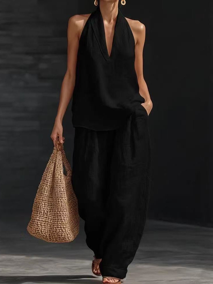 Women's V-neck woven solid colour casual fashion set