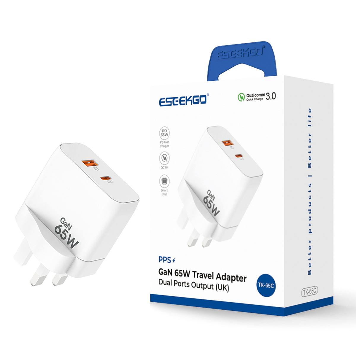 Eseekgo 65W GaN Wall Charger — Compact Dual-Port Ultra-Fast Charger for Laptops & Phones