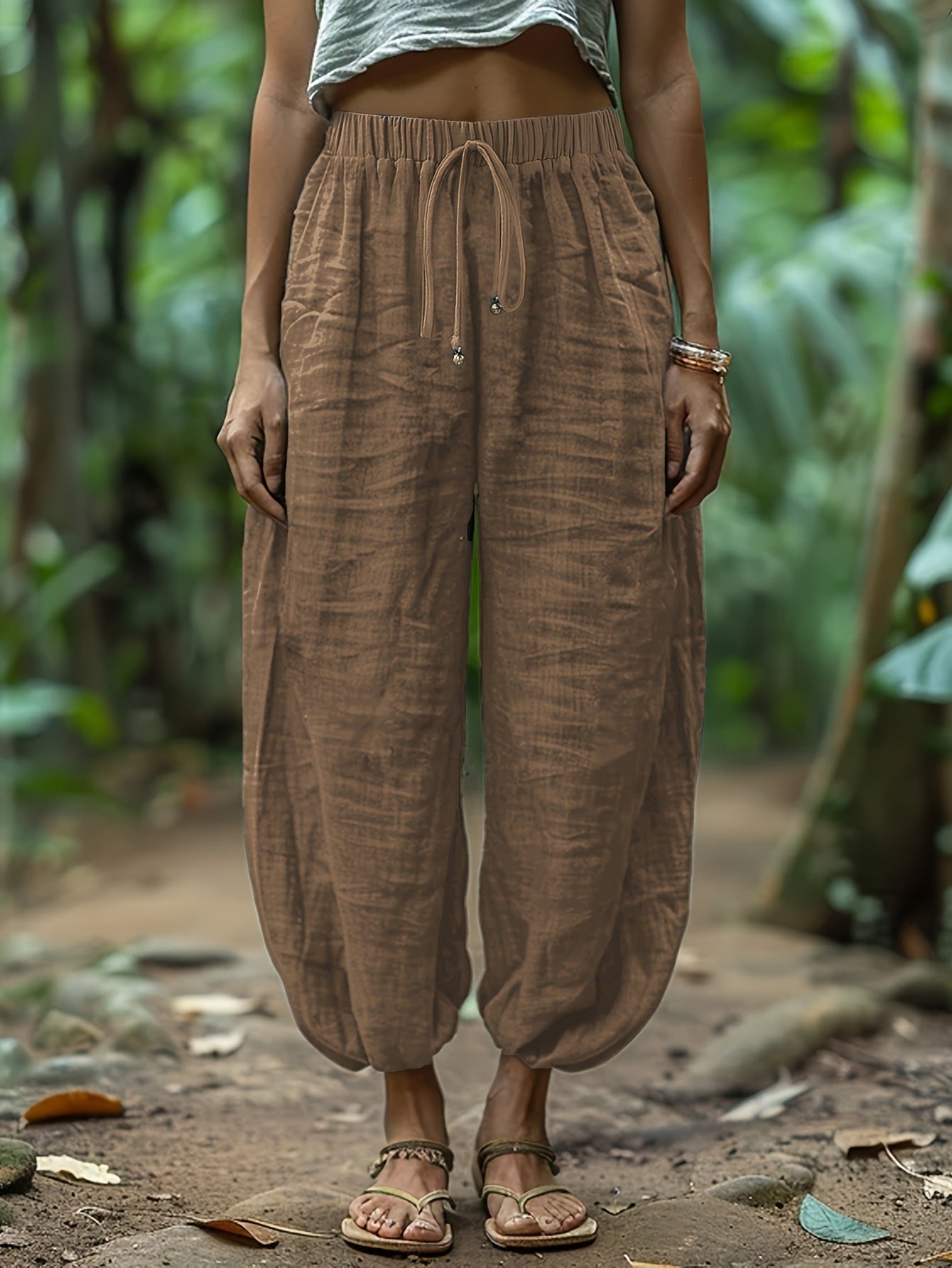 Spring/Summer New Women's Casual Lantern Pants with Elastic Drawstring Waist, Patch Pockets, Loose Fit, Cropped Length