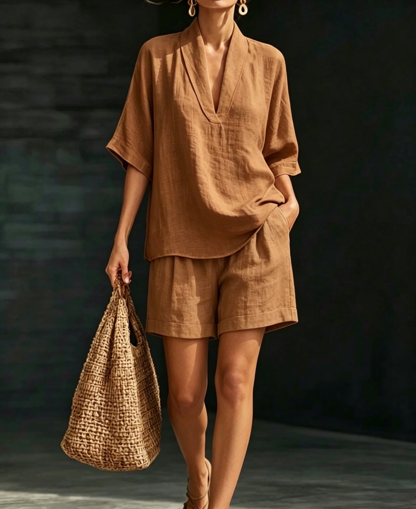 Women's V-neck woven solid colour casual fashion set