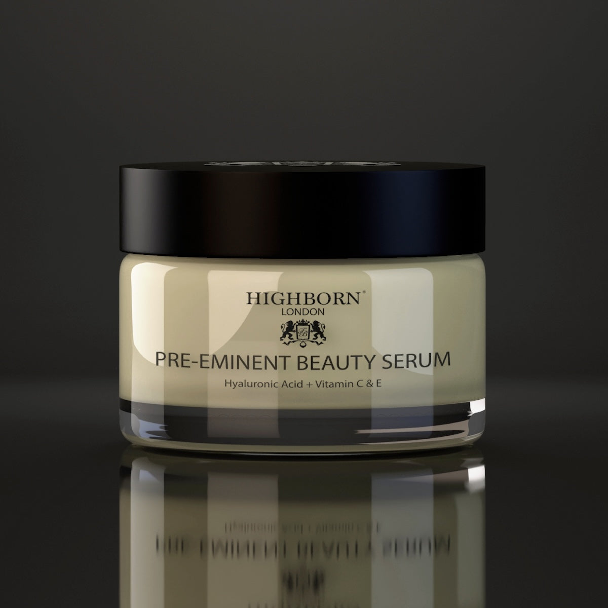 Highborn London Pre-Eminent Beauty Serum jar with hyaluronic acid and vitamins C & E on black background