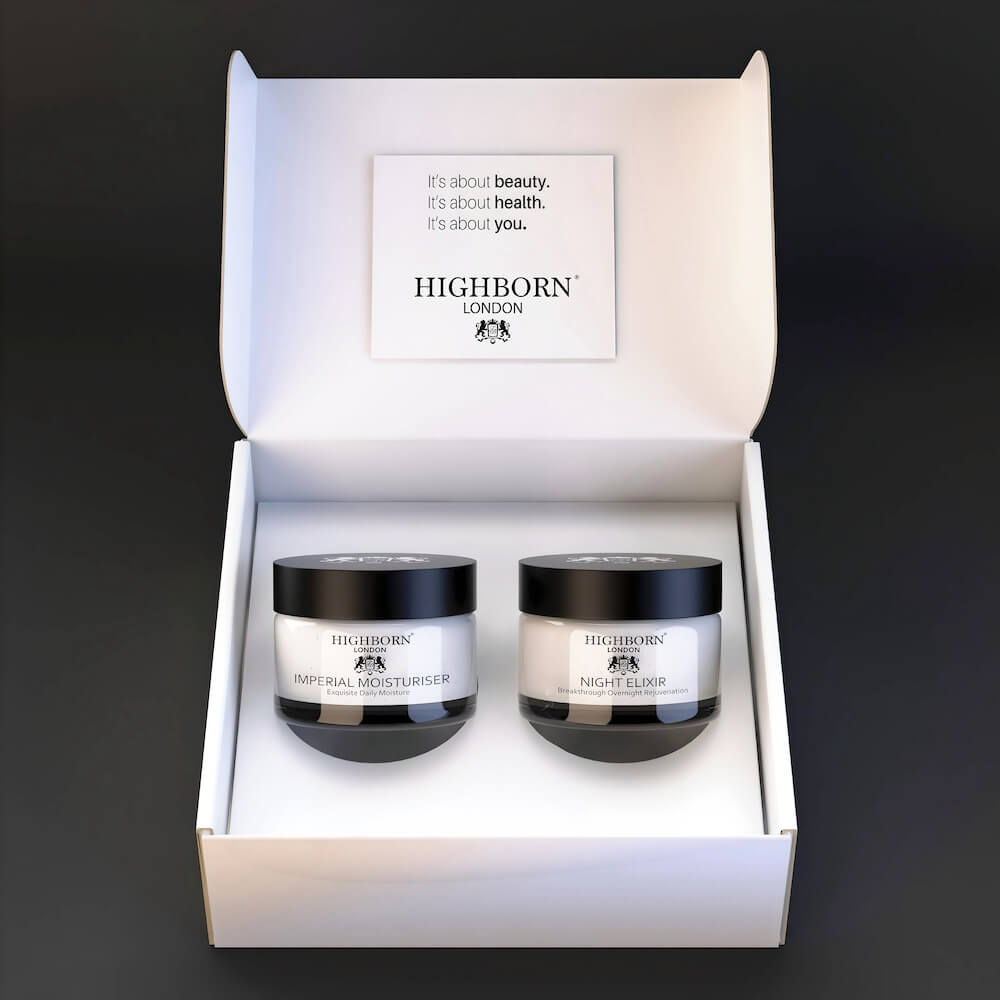 Ultimate Day & Night Moisture Set with Imperial Moisturiser and Night Elixir in a white gift box by Highborn London