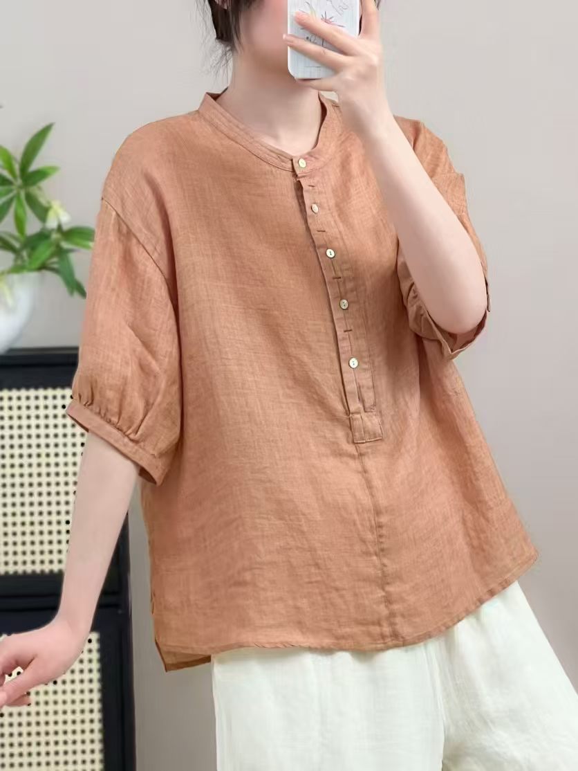 New Summer Ramie Shirt with Half-Button Closure, Artistic Round Neck, Simple Loose Fit Pullover Shirt with Mid-Sleeves