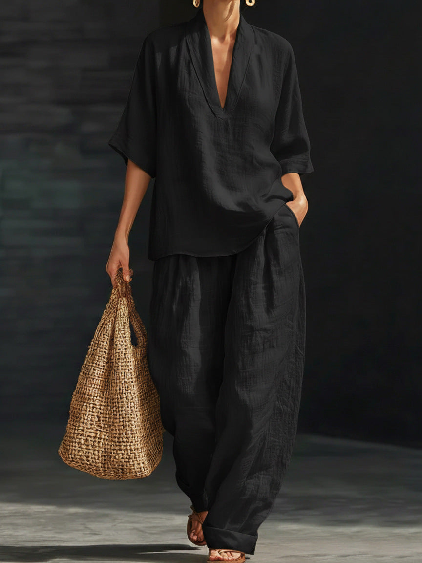 Women's V-neck woven solid colour casual fashion set