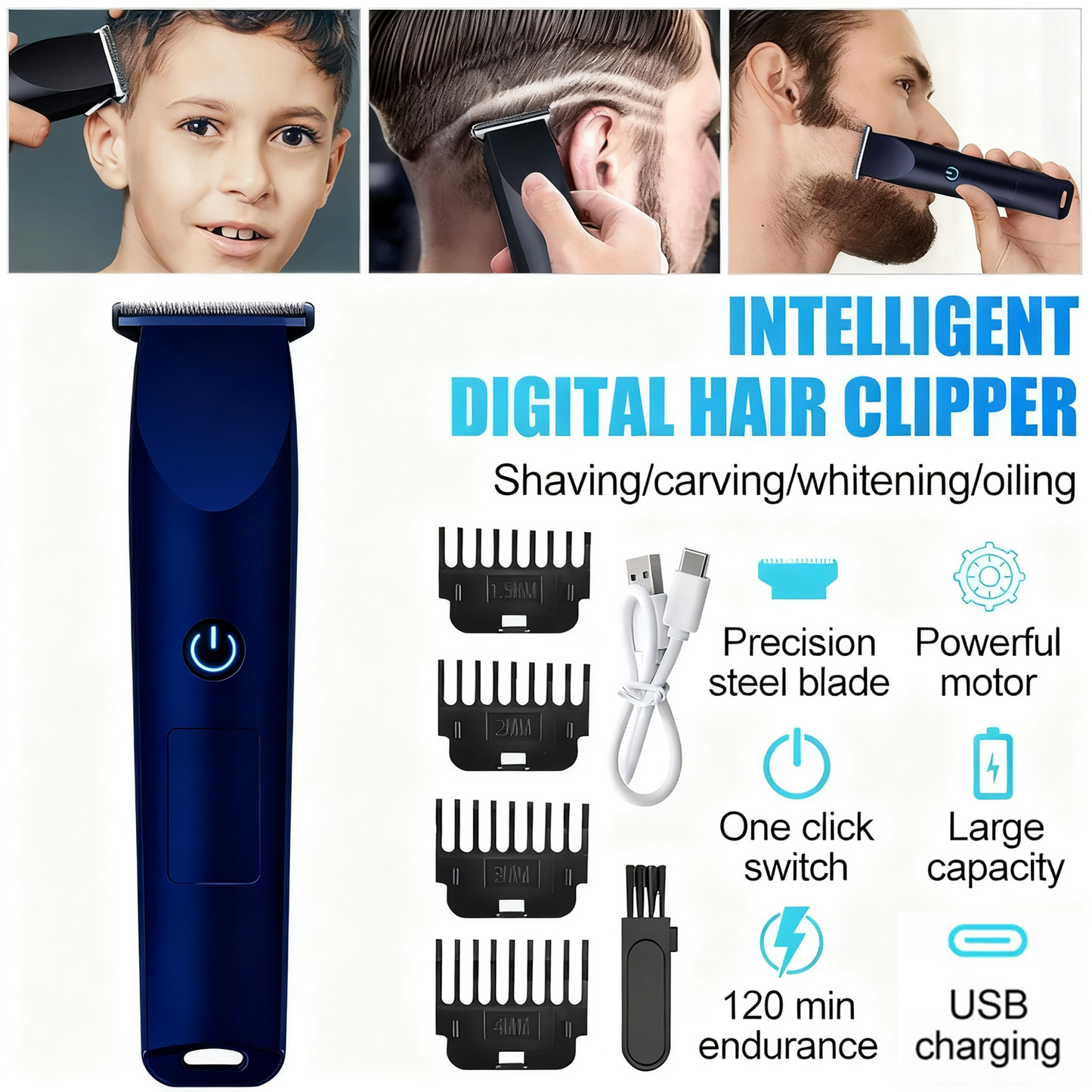 Men Pro Electric Hair Clippers Beard Trimmer Cutting Barber Shaving Machine Blue