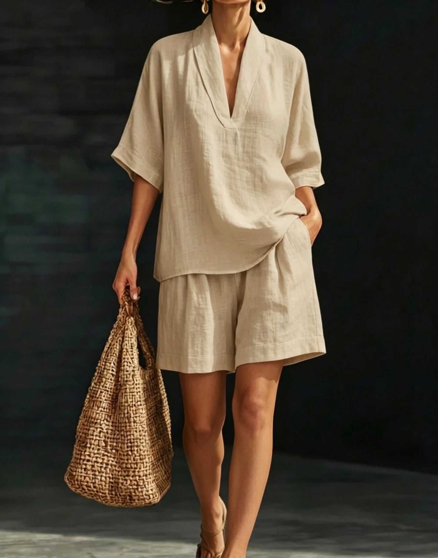 Women's V-neck woven solid colour casual fashion set