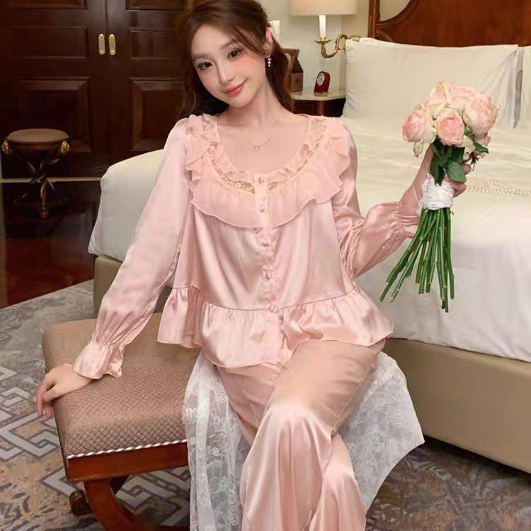[Candy Heart Sweet Dream] French Ice Silk Pajamas Sweet Princess Style suit Spring and Autumn Home Clothes Can be Wearable