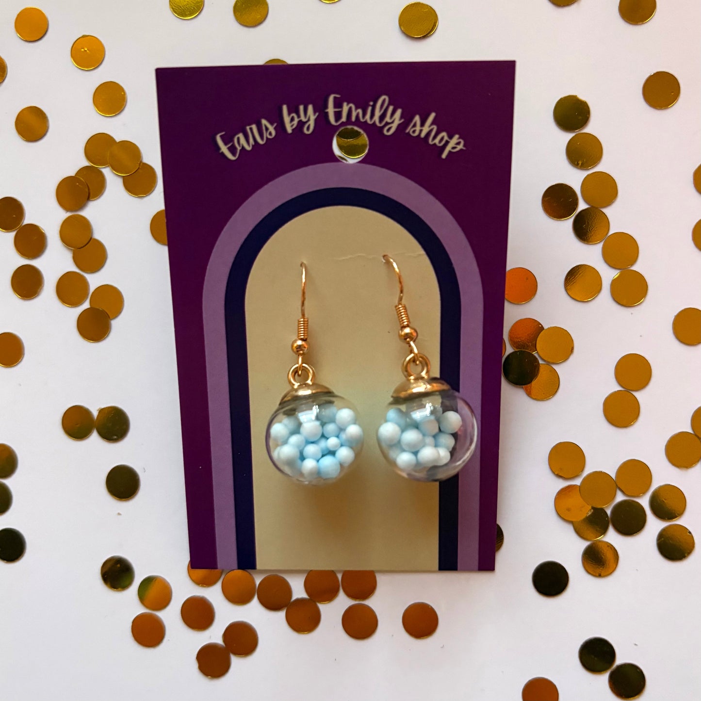 Blue ball bauble Christmas dangle earrings gold plated