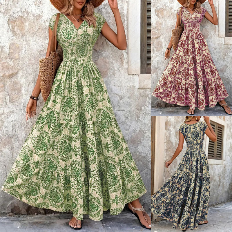 2025 Amazon Cross-Border Export Retro Printed Dress Fashionable and Elegant V Neck Short-Sleeved Dress Women's Dress