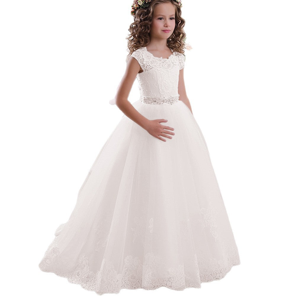 Cross-border European and American Foreign Trade Children's Wedding Dress Lace Bow Sleeveless Birthday Girl's Puffy Princess Long Dress