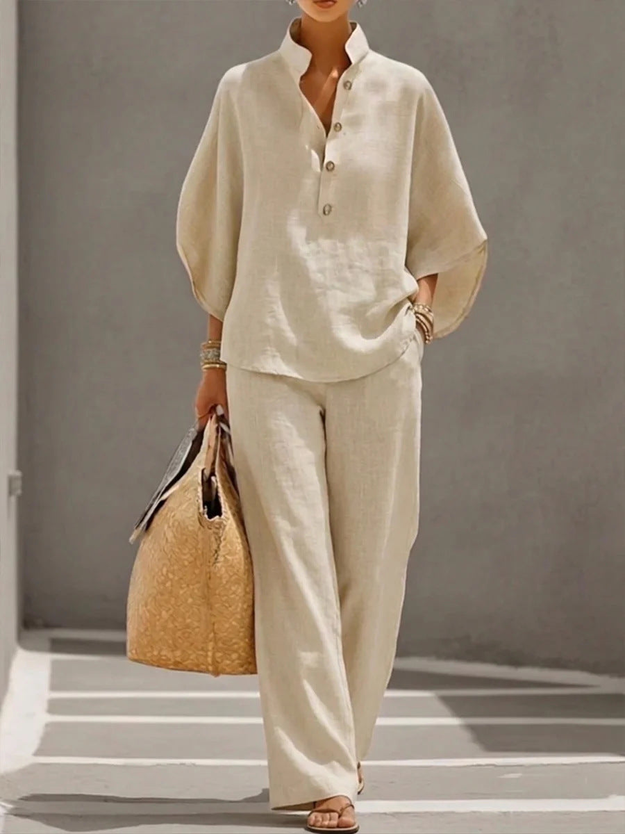 2026 Spring/Summer New Loose Stand Collar Batwing Sleeve Top and Wide Leg Pants Two-Piece Set, Casual Linen Suit