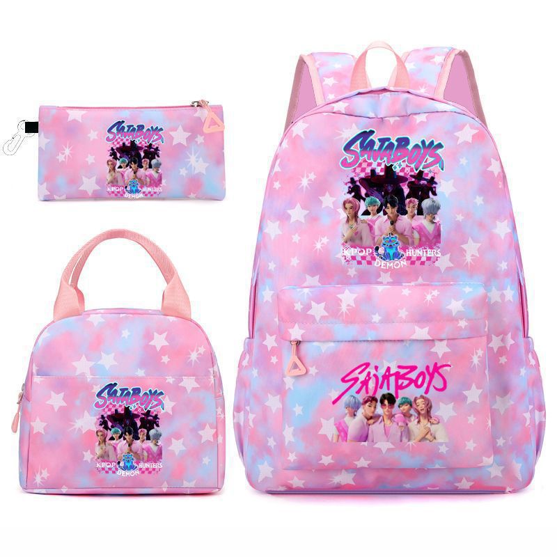 Kpop School Bag Cross-Border Hunting Girl Group Student Three-Piece Set School Bag Large Capacity Backpack Lightweight Cartoon School Bag