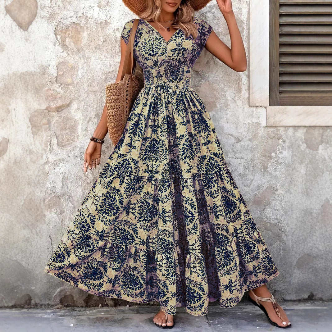 2025 Amazon Cross-Border Export Retro Printed Dress Fashionable and Elegant V Neck Short-Sleeved Dress Women's Dress