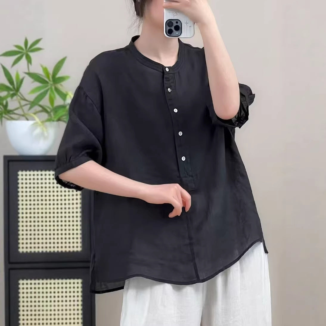 New Summer Ramie Shirt with Half-Button Closure, Artistic Round Neck, Simple Loose Fit Pullover Shirt with Mid-Sleeves