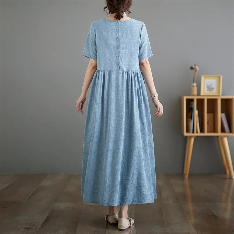 2025 New Cotton and Linen Jacquard Loose-Fitting Round Neck Solid Color Plus-Size Women's Short-Sleeve Dress