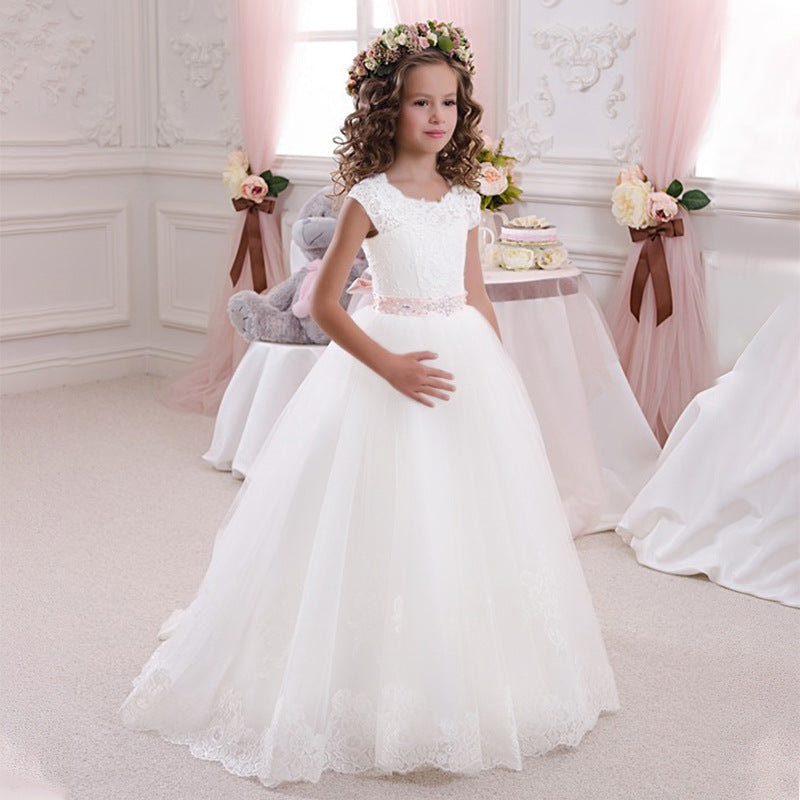 Cross-border European and American Foreign Trade Children's Wedding Dress Lace Bow Sleeveless Birthday Girl's Puffy Princess Long Dress