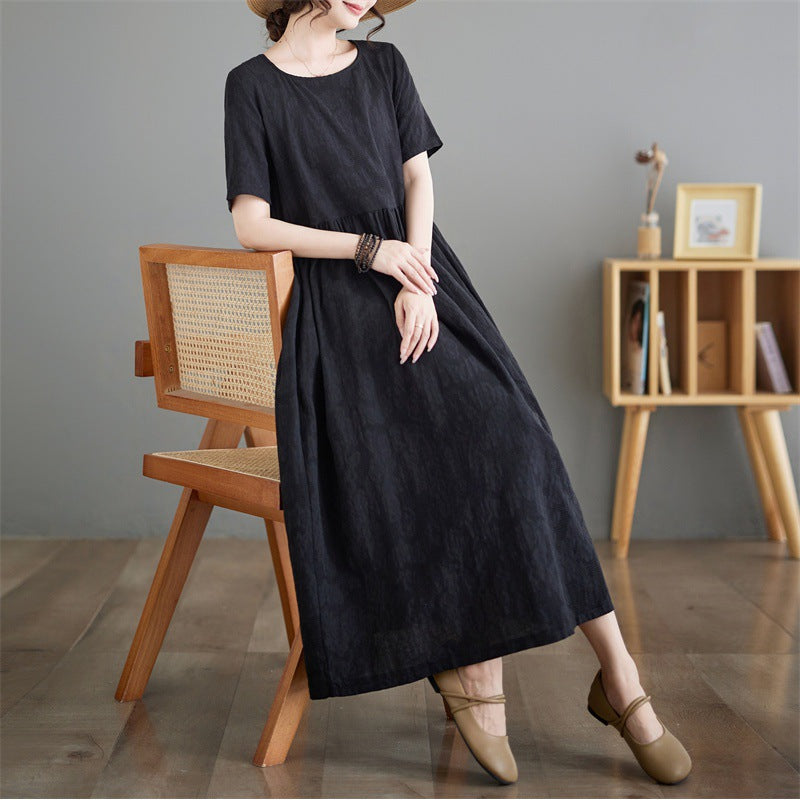 2025 New Cotton and Linen Jacquard Loose-Fitting Round Neck Solid Color Plus-Size Women's Short-Sleeve Dress