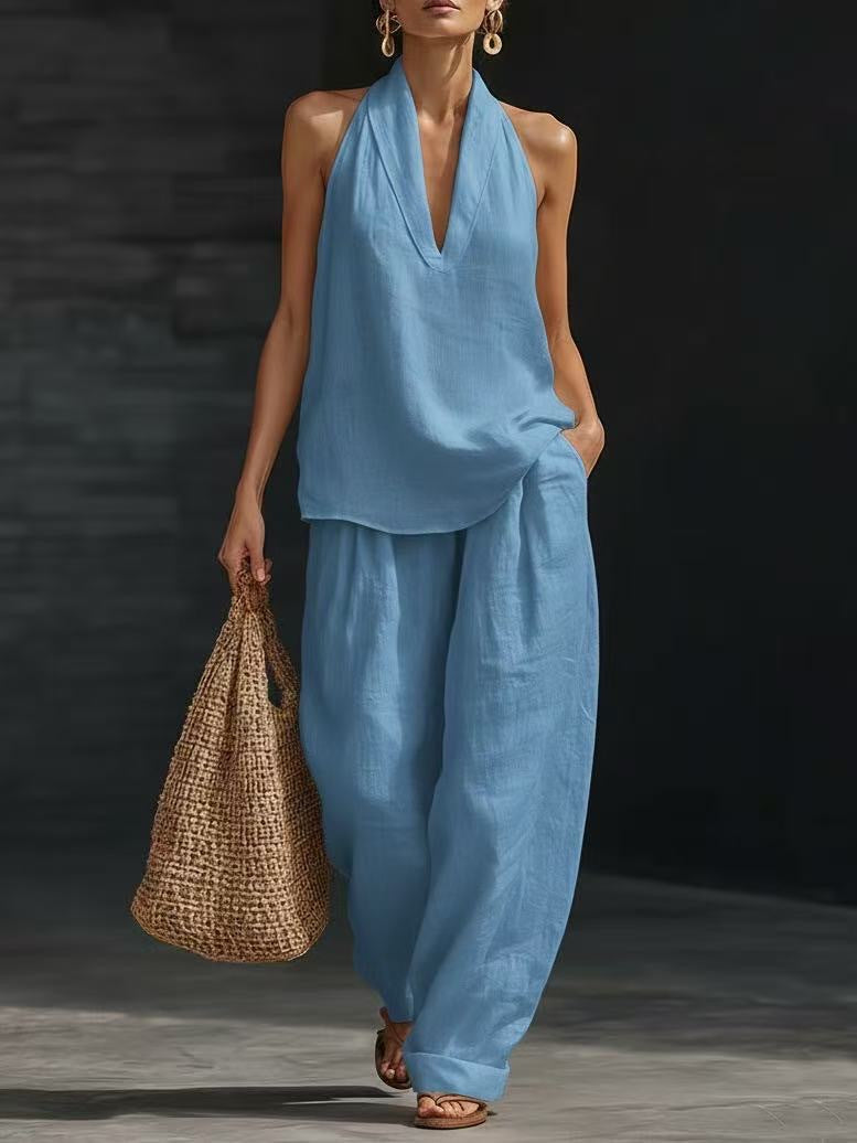 Women's V-neck woven solid colour casual fashion set