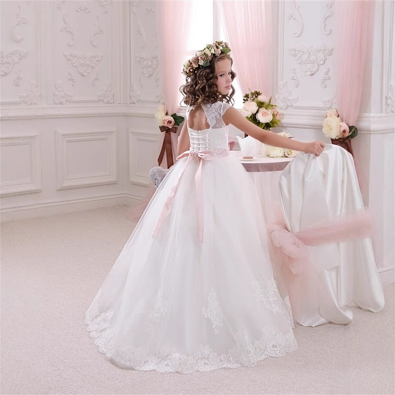 Cross-border European and American Foreign Trade Children's Wedding Dress Lace Bow Sleeveless Birthday Girl's Puffy Princess Long Dress