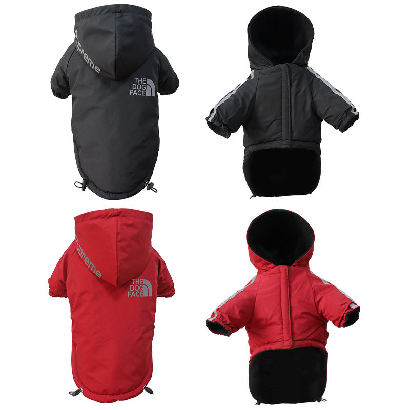Pet clothes cross-border new winter dog clothing plus velvet padded charge clothes waterproof two-legged hooded clothes wholesale