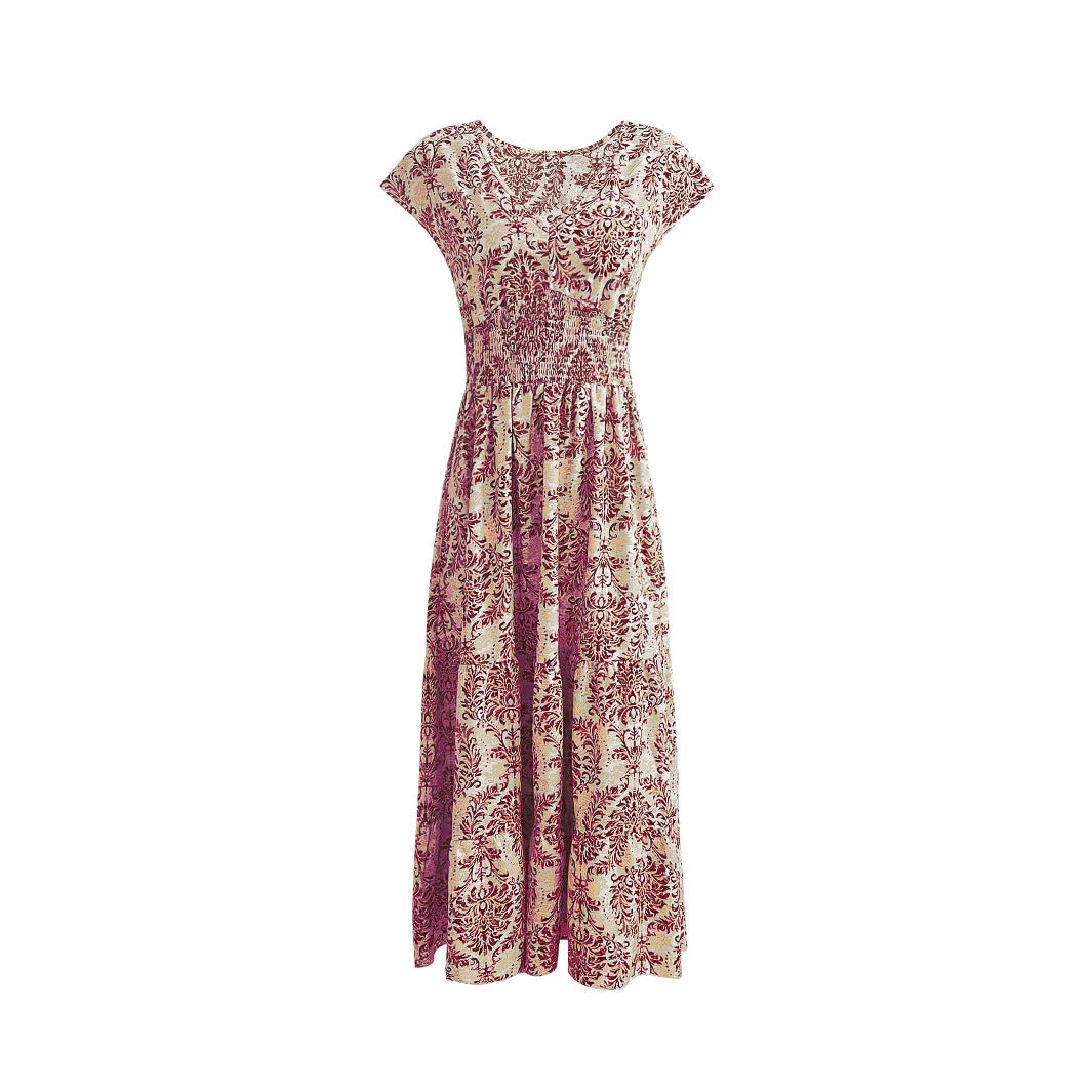 2025 Amazon Cross-Border Export Retro Printed Dress Fashionable and Elegant V Neck Short-Sleeved Dress Women's Dress