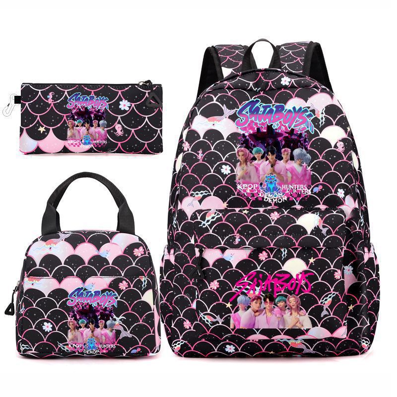 Kpop School Bag Cross-Border Hunting Girl Group Student Three-Piece Set School Bag Large Capacity Backpack Lightweight Cartoon School Bag