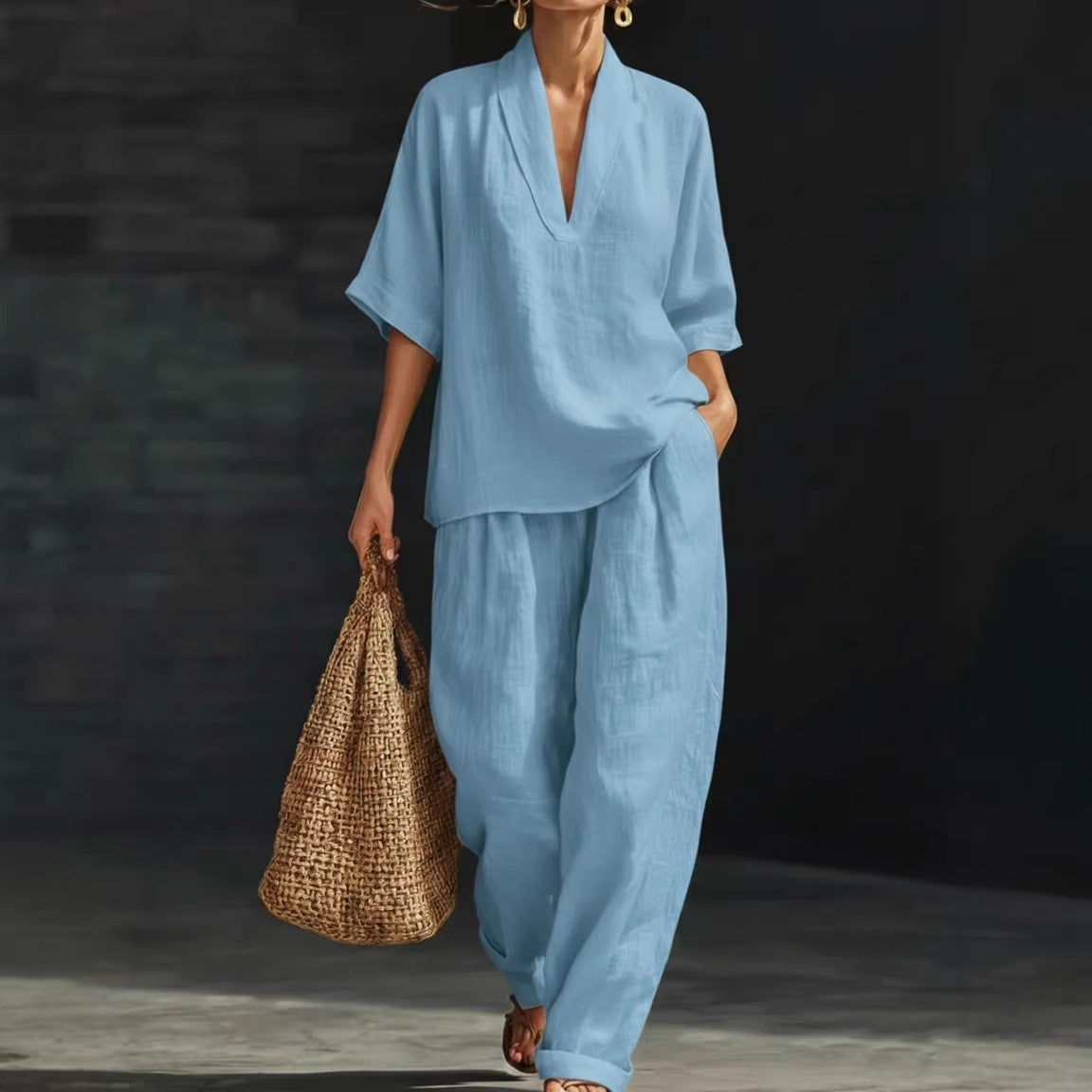 Women's V-neck woven solid colour casual fashion set