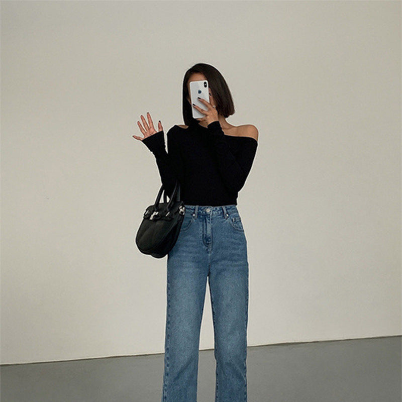 zjh Black Sexy Shoulder Inclined Shoulder Base Shirt Women's Autumn All-match Long-sleeved T-shirt Tight Inner Shoulder Shoulder Shoulder Shoulder Shirt