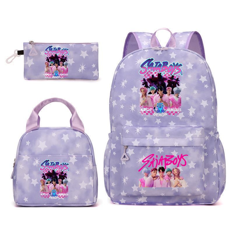 Kpop School Bag Cross-Border Hunting Girl Group Student Three-Piece Set School Bag Large Capacity Backpack Lightweight Cartoon School Bag
