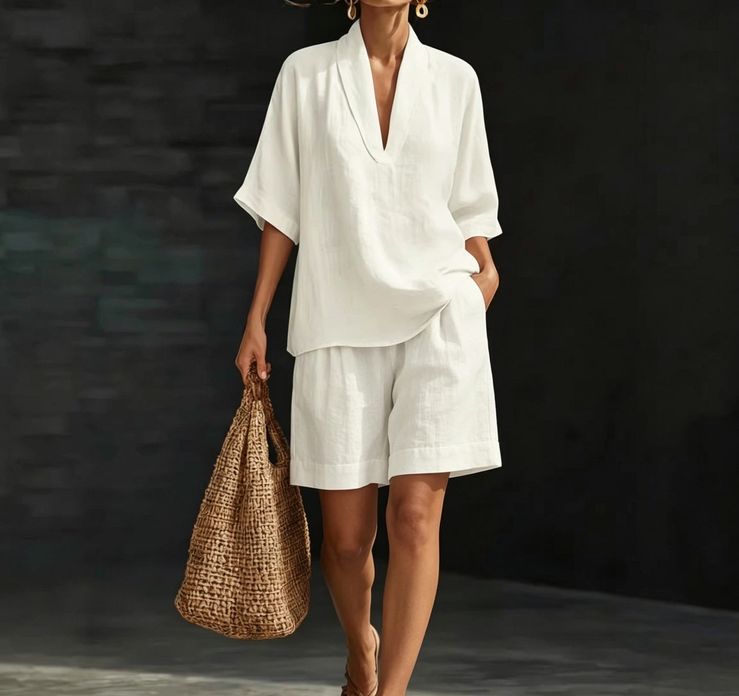 Women's V-neck woven solid colour casual fashion set