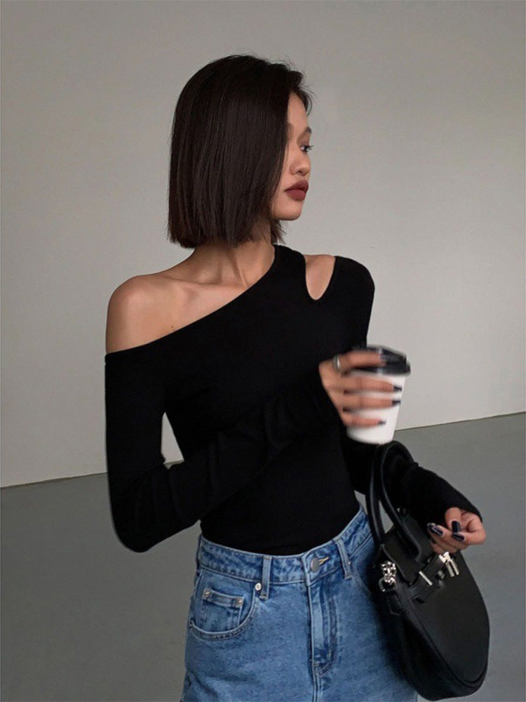 zjh Black Sexy Shoulder Inclined Shoulder Base Shirt Women's Autumn All-match Long-sleeved T-shirt Tight Inner Shoulder Shoulder Shoulder Shoulder Shirt