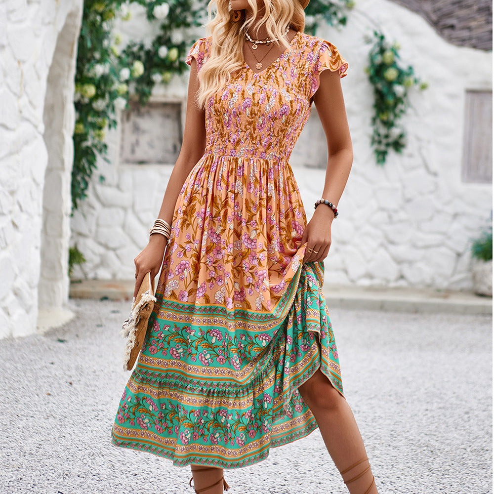 Amazon 2024 Summer Explosions Printed Bohemian Vacation V-Neck Flying Sleeve dress Women's in stock