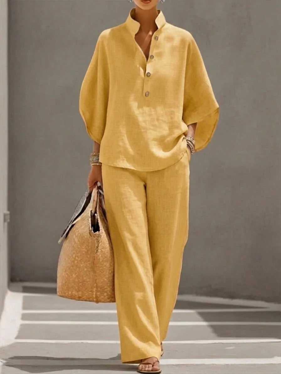 2026 Spring/Summer New Loose Stand Collar Batwing Sleeve Top and Wide Leg Pants Two-Piece Set, Casual Linen Suit