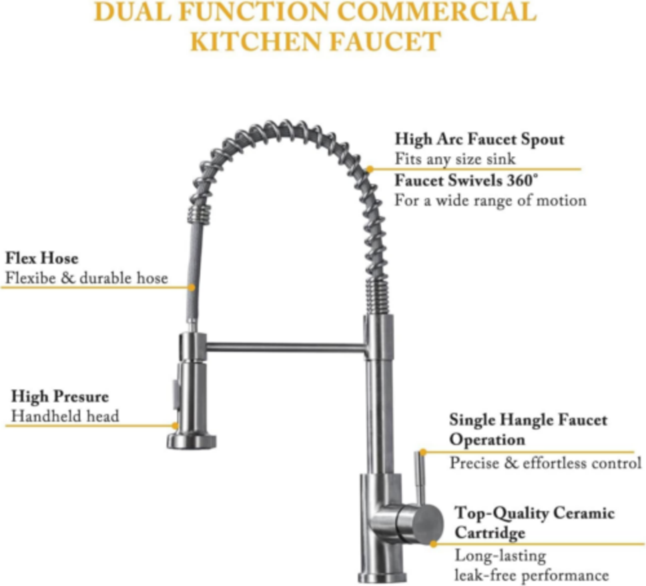 Monobloc Silver Kitchen Sink Mixer Taps with Pull Out Hose Spray Single LeverTap